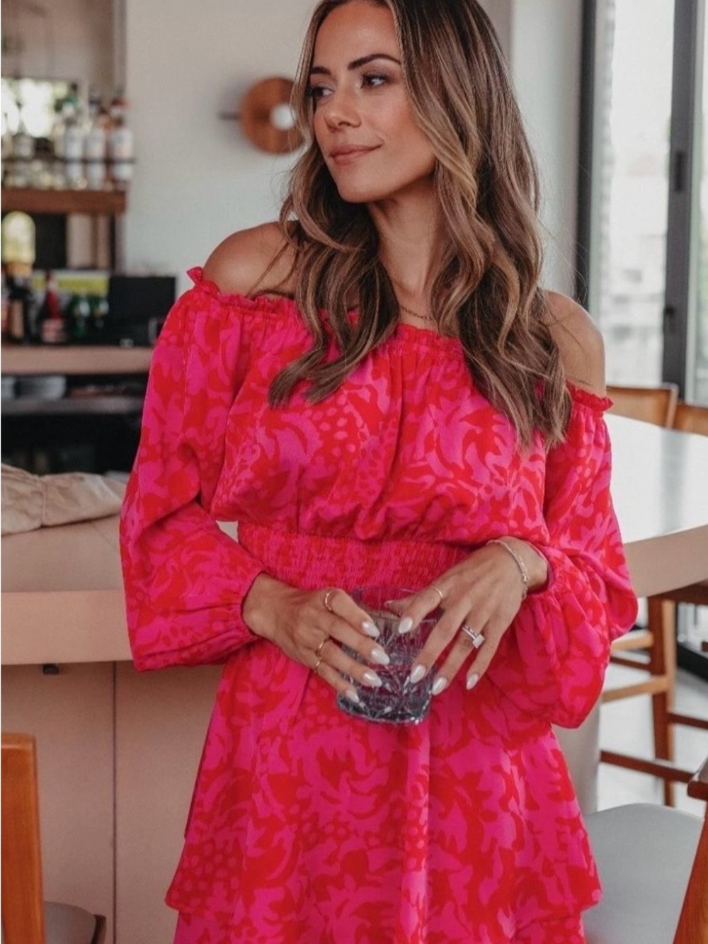 Kittenish Off-Shoulder Hot Pink Patterned Long-Sleeve Dress